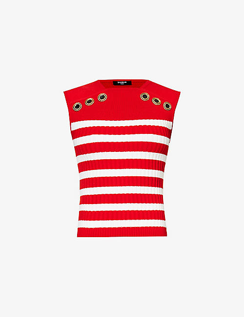 BALMAIN: Button-embellished striped sleeveless knitted top