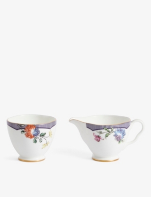 Wedgwood Fortune Floral-motif Bone-china Sugar Pot And Creamer 143ml