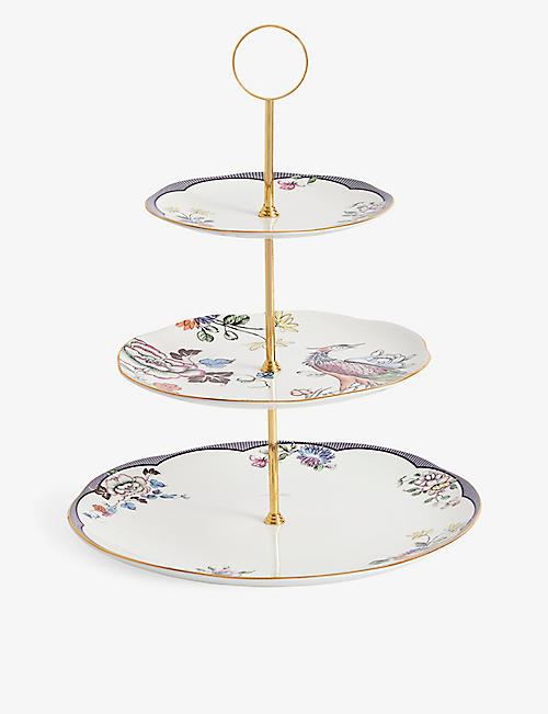 WEDGWOOD: Fortune three-tier floral-motif bone-china cake stand