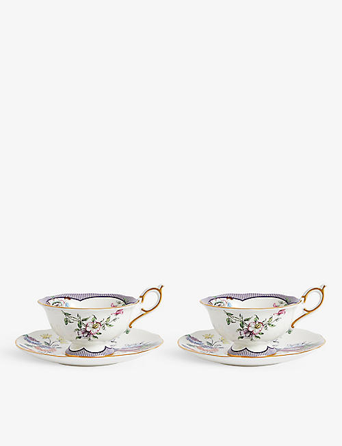 WEDGWOOD: Fortune floral-motif bone-china teacup and saucer