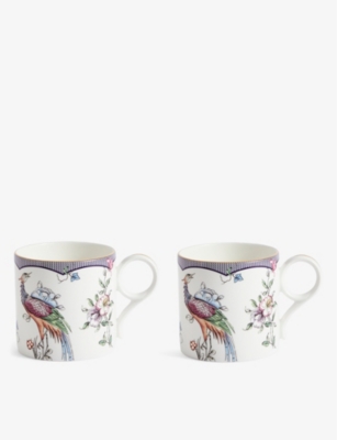 WEDGWOOD: Fortune flower-motif bone-china mug set of two