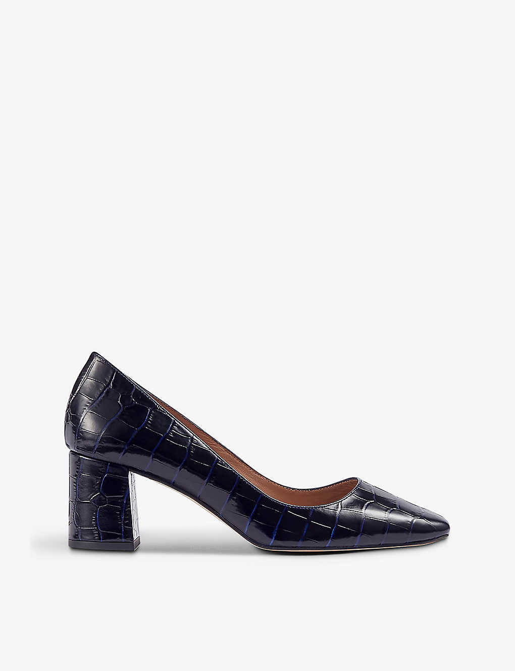 Lk Bennett Sally Croc-embossed Leather Heeled Courts In Navy