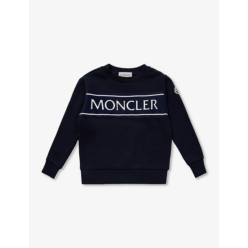 Moncler Boys Navy Kids Logo-print Crewneck Cotton Sweatshirt 4-14 Years In Black
