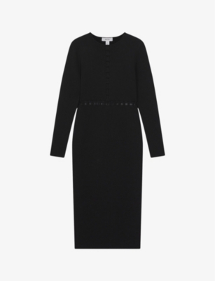 Reiss Sage Mesh-panel Stretch-knit Midi Dress In Black