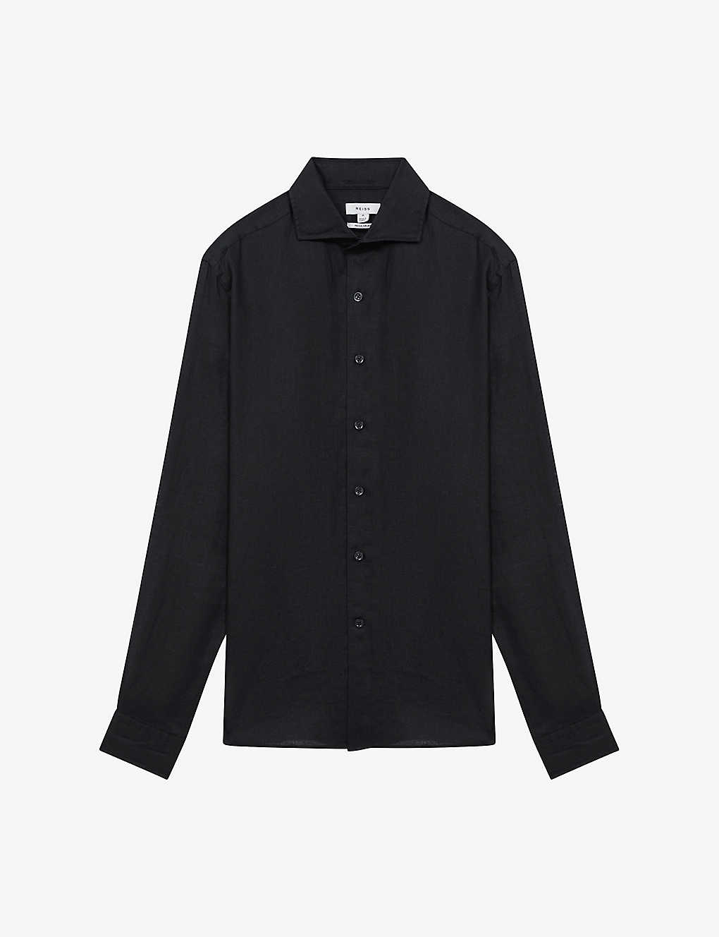 Shop Reiss Men's Black Ruban Regular-fit Long-sleeve Linen Shirt