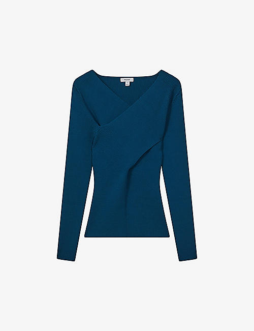 REISS: Heidi wrap-over stretch knitted-blend top