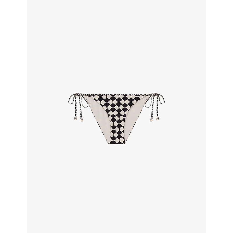 Reiss Thia Geometric-print Stretch-jersey Bikini Bottoms In White/black