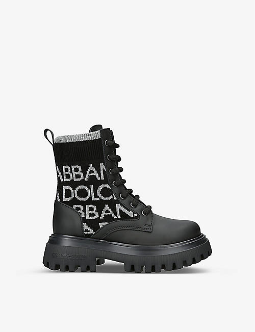 DOLCE & GABBANA: Stivaletto monogram-print knit and leather ankle boots 5-9 years