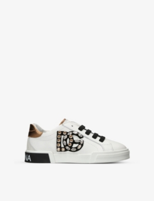 Shop Dolce & Gabbana Boys White Kids Bassa Allacciata Crystal-embellished Leather Low-top Trainers 5-9 Ye