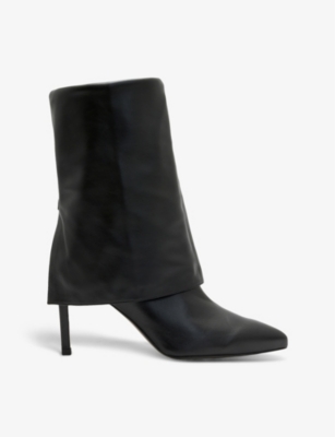 Allsaints Womens Black Odyssey Fold-top Heeled Leather Knee-high Boots