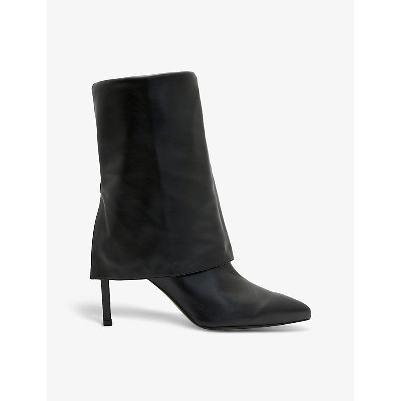Allsaints Womens Black Odyssey Fold-top Heeled Leather Knee-high Boots