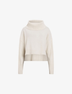 Allsaints Womens Ivory White Akira Roll-neck Cropped Recycled-cashmere Jumper