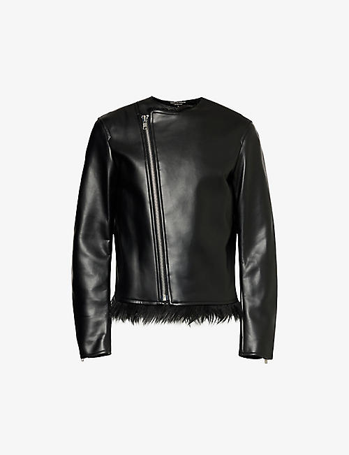 COMME DES GARCONS HOMME PLUS: Crewneck faux-fur trim regular-fit faux-leather jacket