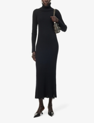 Shop Junya Watanabe Women's Black High-neck Slim-fit Wool Midi Dress