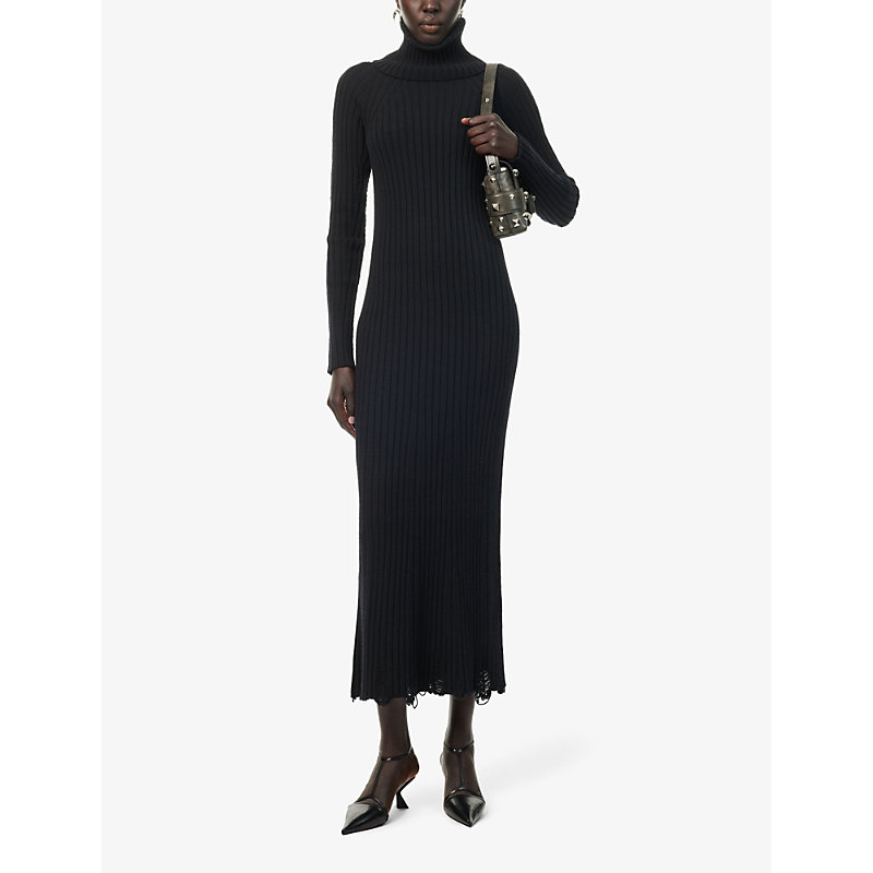 Shop Junya Watanabe Womens Black High-neck Slim-fit Wool Midi Dress