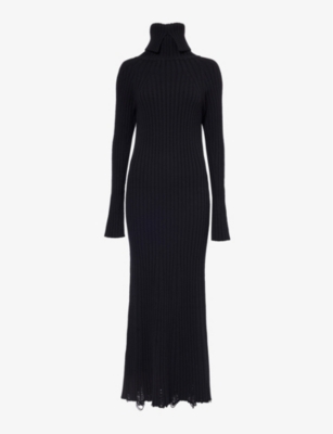 Shop Junya Watanabe Women's Black High-neck Slim-fit Wool Midi Dress