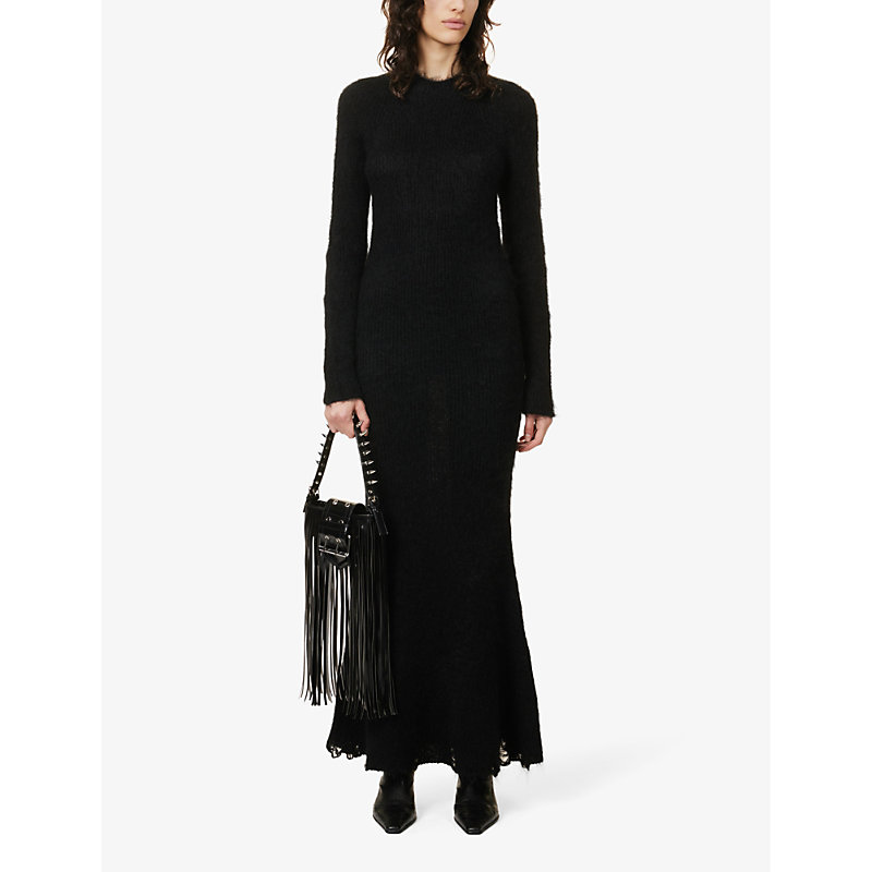 Shop Junya Watanabe Slim-fit Distressed-trim Wool-blend Knitted Maxi Dress In Black