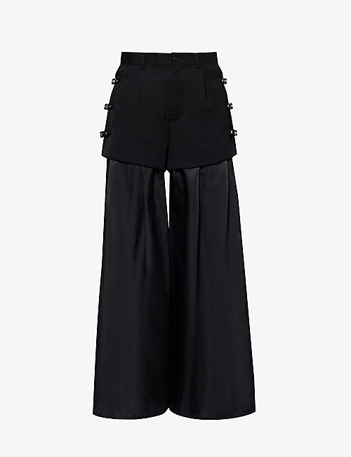 NOIR KEI NINOMIYA: Satin-panel buckle-detail wide-leg mid-rise wool trousers
