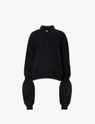 Noir Kei Ninomiya Womens Black High-neck Cable-knit Relaxed-fit Wool Jumper