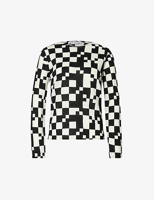 COMME COMME DES GARCONS: Checked round-neck wool knitted top