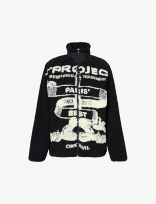 Y/PROJECT Y/PROJECT MEN'S BLACK OFF WHITE PARIS GRAPHIC-PATTERN RELAXED-FIT FLEECE JACKET