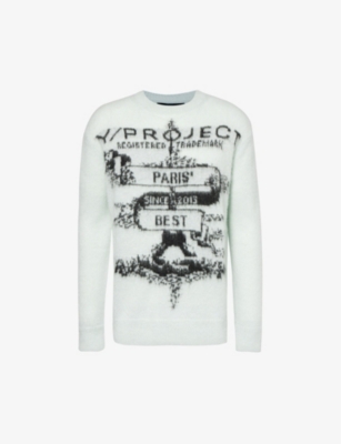 Y/PROJECT Y/PROJECT MEN'S BABY BLUE PARIS GRAPHIC-PATTERN KNITTED-JUMPER