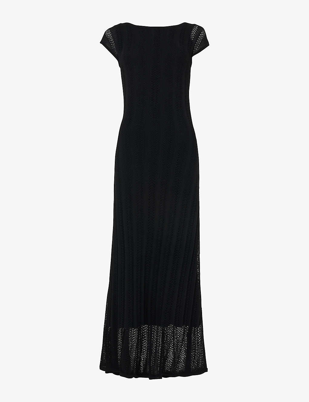 Leem Womens Black Flared-hem V-neck Crochet Midi Dress