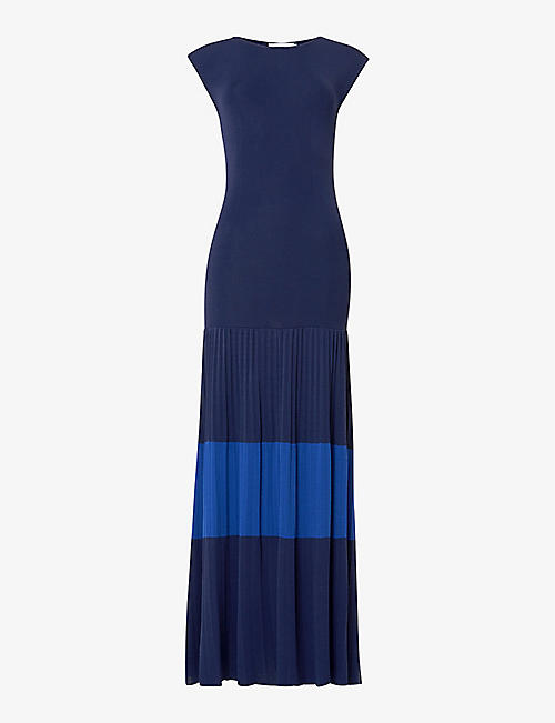 LEEM: Pleated-skirt contrast-stripe woven midi dress