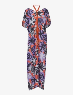 LEEM: Floral-print neck-tie woven maxi dress