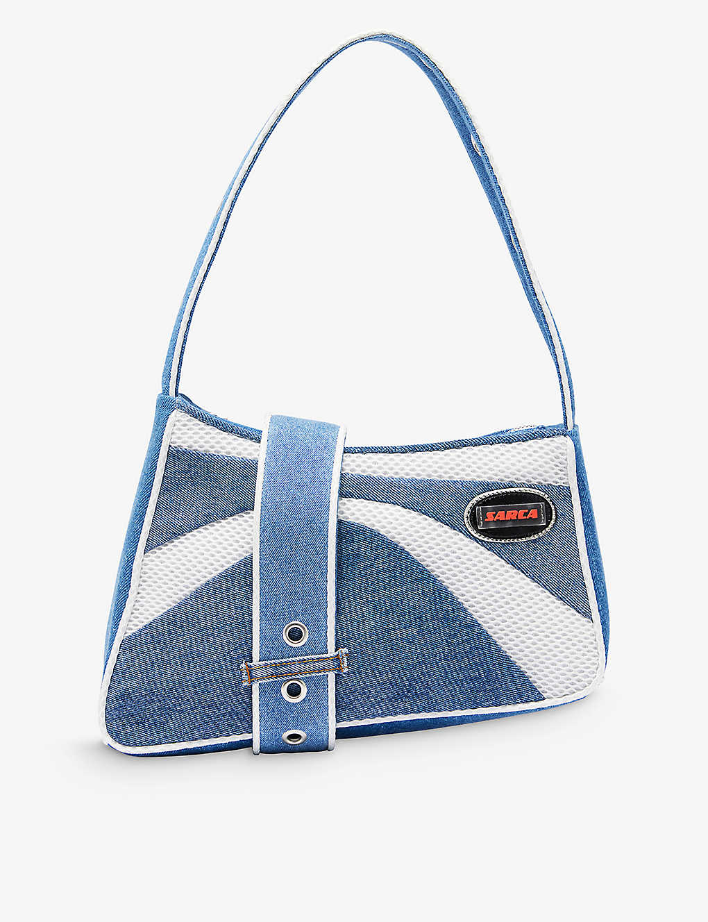 Ancuta Sarca Womens Blue White Saddle Buckle Recycled-denim Shoulder Bag