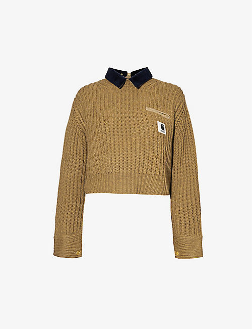 SACAI: Sacai x Carhartt WIP brand-patch zip-pocket regular-fit wool-blend knitted jacket
