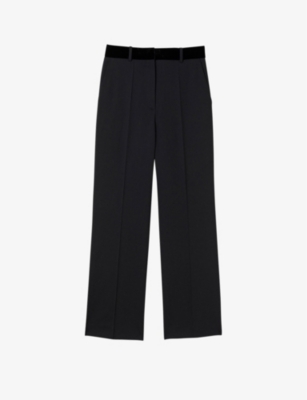 Shop Sandro Women's Noir / Gris Velvet-waistband Straight-leg Stretch-woven Trousers