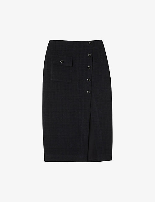 SANDRO: Front-split button-embellished tweed midi skirt