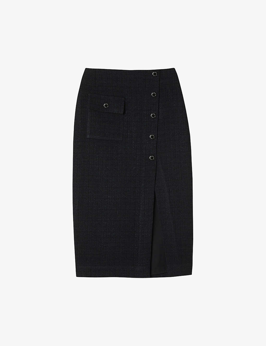 Sandro Womens Black Front-split Button-embellished Tweed Midi Skirt In Noir / Gris