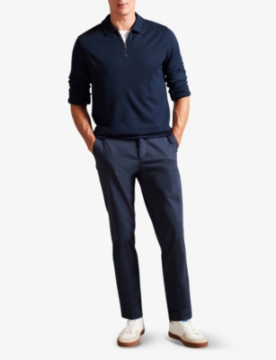 Shop Ted Baker Men's Navy-blue Karpol Half-zip Long-sleeve Knitted Polo