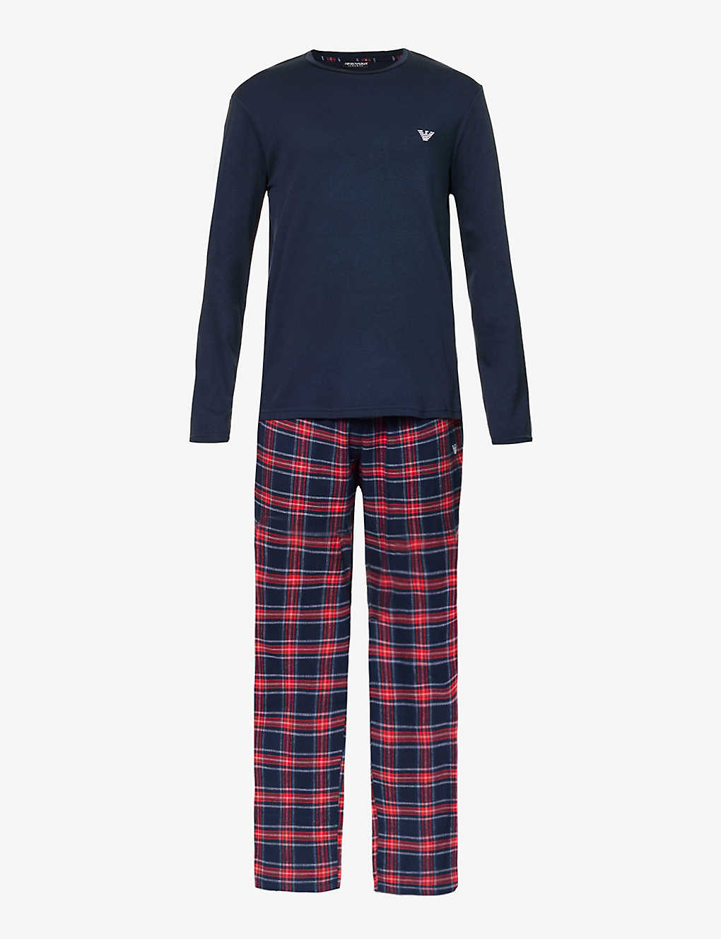 Emporio Armani Brand-embroidered Cotton Pyjama Set In Scozzese Marine/ross