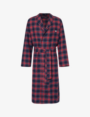 EMPORIO ARMANI: Check-print brand-embroidered cotton robe