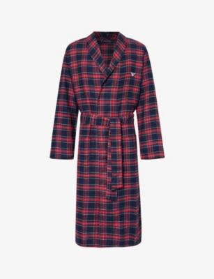 Emporio Armani Check-print Brand-embroidered Cotton Dressing Gown In Scozzese Marine/ross