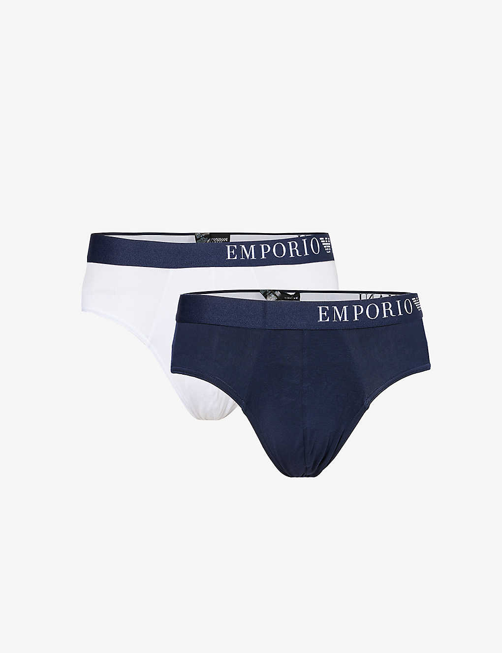 Emporio Armani Branded-waist Stretch-cotton Briefs Pack Of Two In Marine/bianco