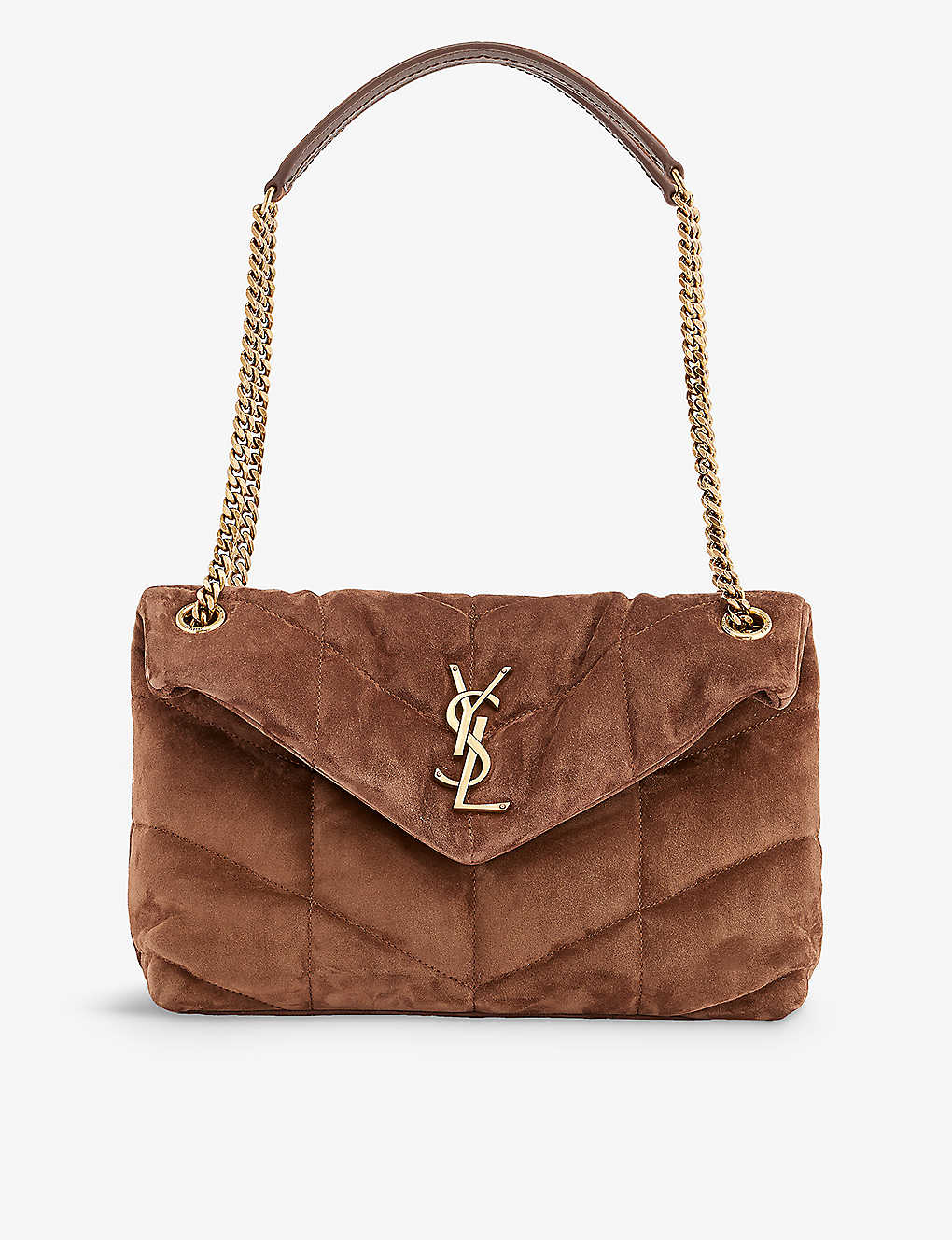 Shop Saint Laurent Loulou Puffer Small Suede Shoulder Bag In Brown Coffee