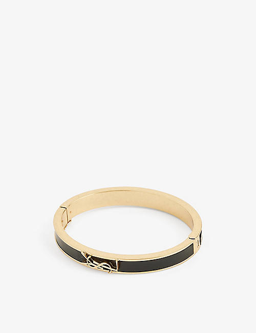 SAINT LAURENT: Brand-embellished contrast-design brass and leather bracelet