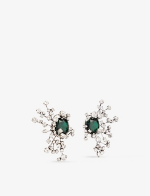 Shop Saint Laurent Constellation Crystal-embellished Brass Earrings In Dark Green/oxi Silver