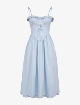 House Of Cb Womens Soft Blue Jaime Broderie-anglaise Full-skirt Stretch-cotton Midi Dress