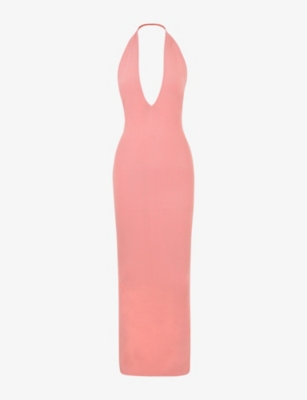 Shop House Of Cb Women's Apricot Camelia Plunge-neck Leg-split Stretch-jersey Maxi Dress In Pink