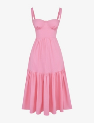 House Of Cb Womens French Pink Elia Sweetheart-neck Tiered-skirt Stretch-cotton Midi Dress