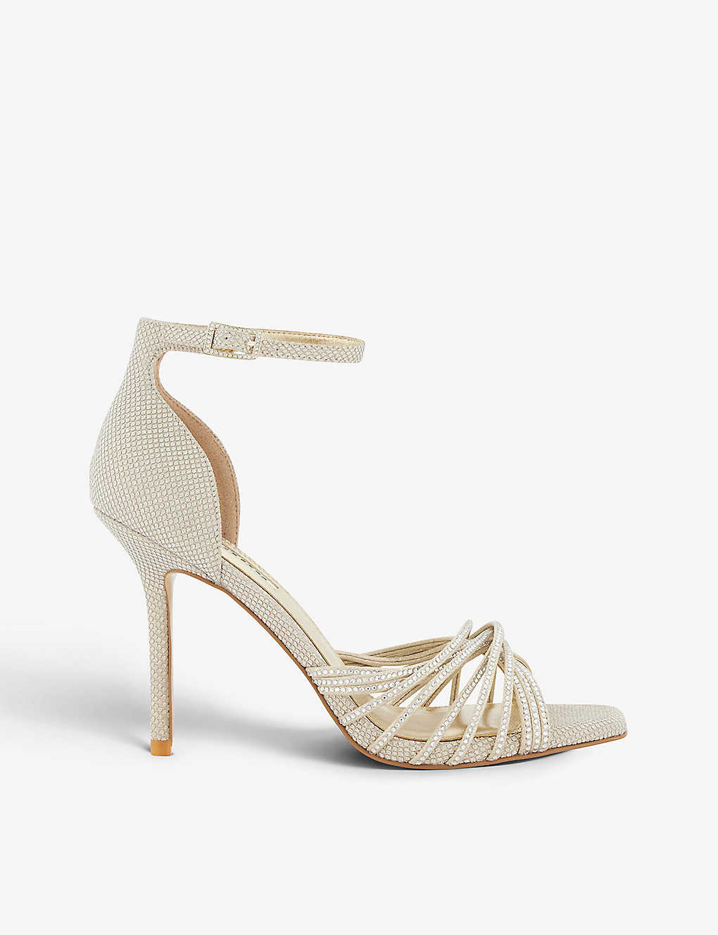 Dune Womens Gold-synthetic Strappy Rhinestone-embellished Woven Heeled Sandals In Monochrome