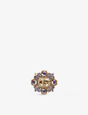 Shop Gucci Womens Yellow Fashion Show Gg Marmont Brass And Crystal-embellished Ring