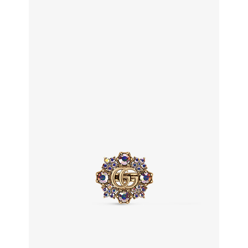 Shop Gucci Women's Yellow Fashion Show Gg Marmont Brass And Crystal-embellished Ring