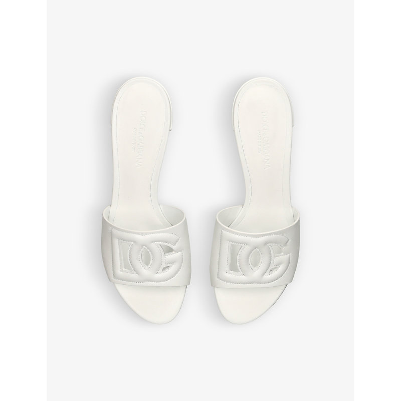 Shop Dolce & Gabbana Bianca Logo-embossed Leather Heeled Mules In White