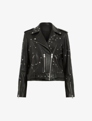 ALLSAINTS ALLSAINTS WOMEN'S BLACK/SILVER BALFERN STUD-EMBELLISHED LEATHER BIKER JACKET